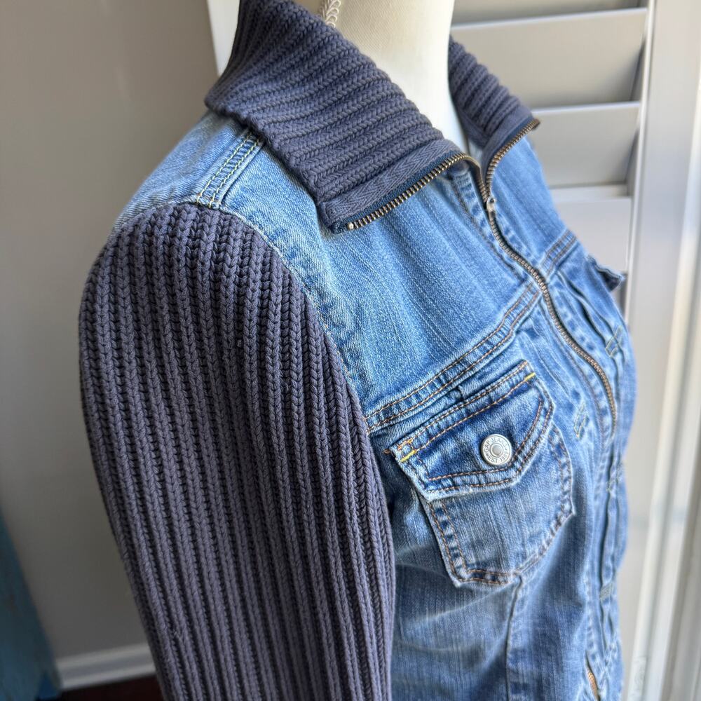 Vintage GAP Jean Jacket Womens M Blue Knit Sweater Sleeves Y2K Bohemian Grunge - Picture 7 of 12